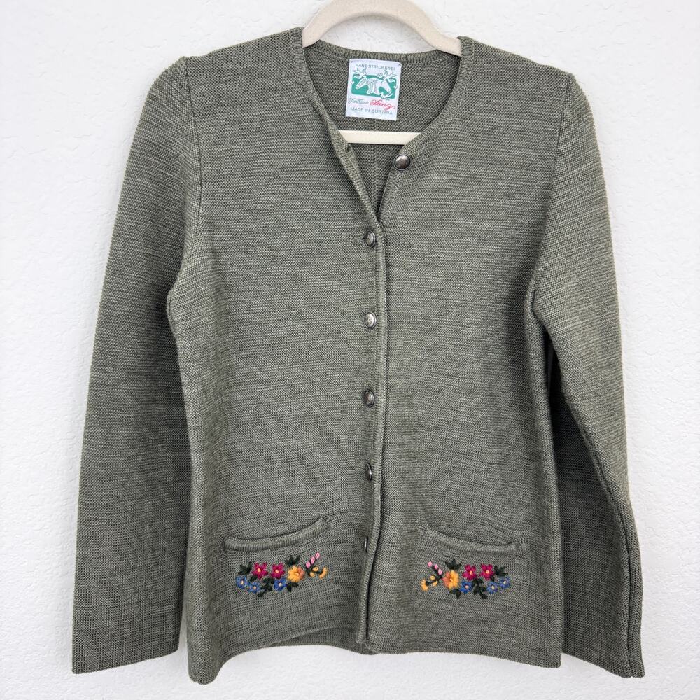 Lanz Womens Cardigan Sweater Size L / 40 100% Wool Made In Austria Floral Gray